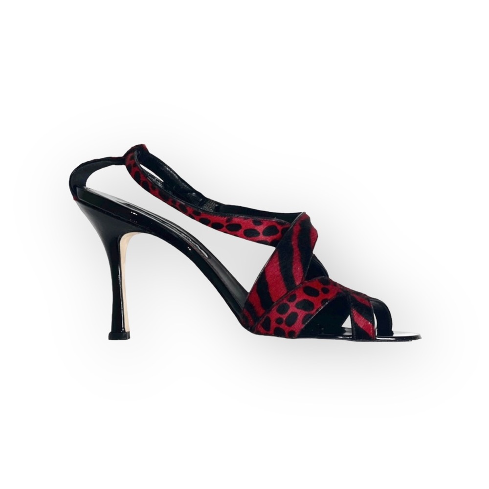 Manolo Blahnik โ Animal Printed Calf Hair Slingback Stiletto Sandals โ Black Red - Picture 16 of 17
